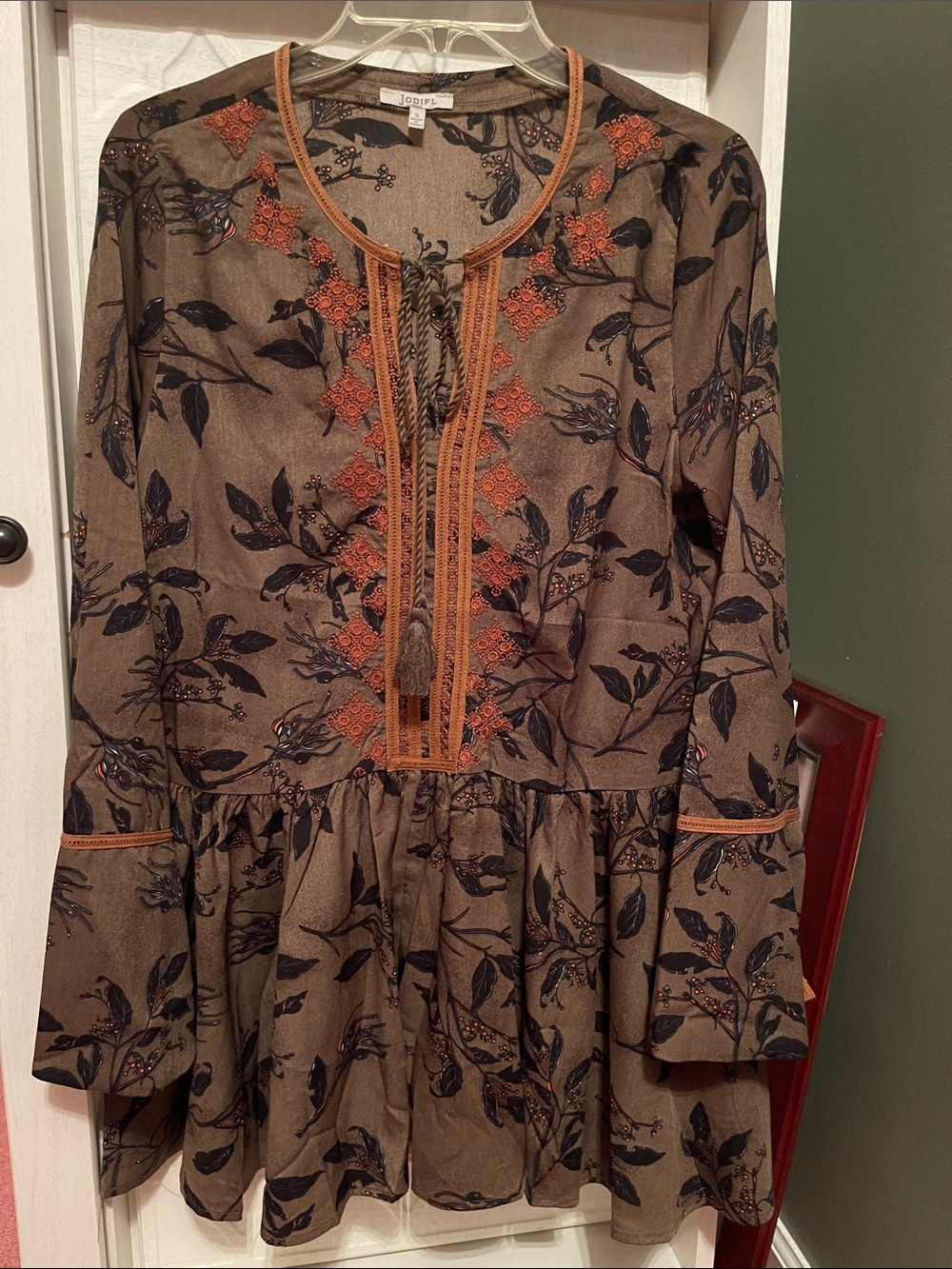 JODIFL Olive Green Floral Mini Dress with Rust Embroidery size small